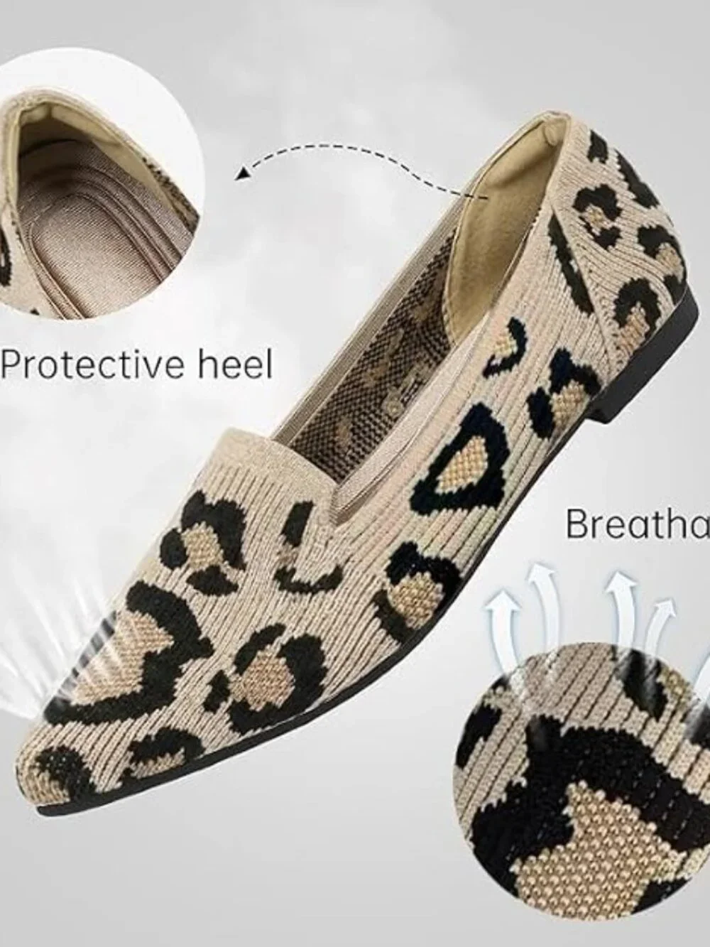 Women's Leopard Pointed Toe Knit Ballet Flats Washable Important Work Shoes